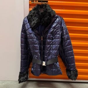 Venus - Metallic Blue Puffer Jacket with Faux Fur Trim (Size 20)
